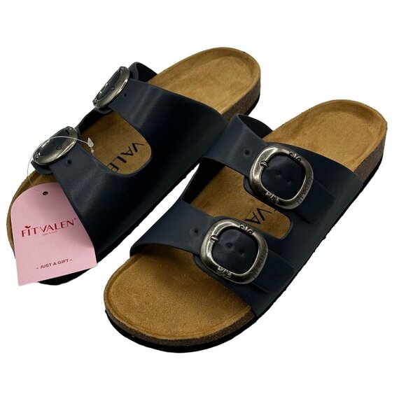Fitvalen Women Size 7 Achim Navy Flat Cork Foot Twin Buckle Slide Sandal‎ NEW - Picture 4 of 10